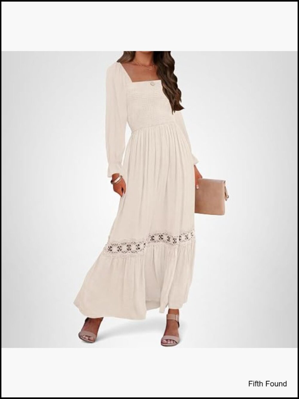 Boho Square Neck Smocked High Waist Maxi Dress Long Sleeve Lace Trim - Picture 1 of 7
